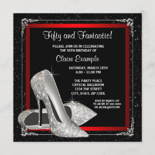 Invitación Tacones altos con brillo negro y rojo para fiesta