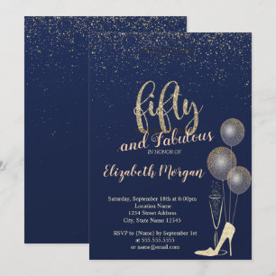 Invitación Tacones Altos Confeti, Azul Marino Cumpleaños 50