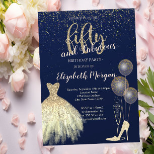 Invitación Tacones altos confeti,Vestido azul marino Cumpleañ
