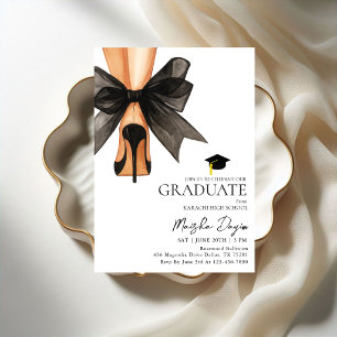 Invitación Tacones altos Coquette Lazo negro Foto de graduaci