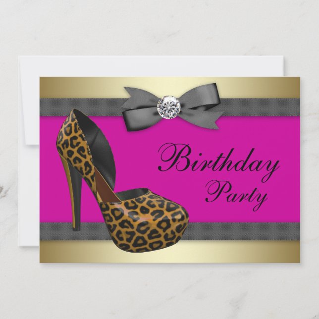 Invitación Tacones Altos Cumpleaños Leopardo Rosa Fucsia (Anverso)