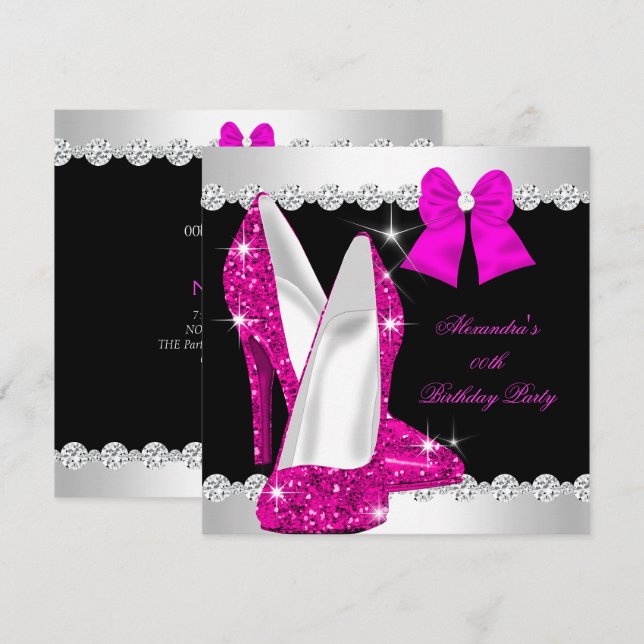 Invitación Tacones altos de cumpleaños rosa caliente con bril (Anverso / Reverso)