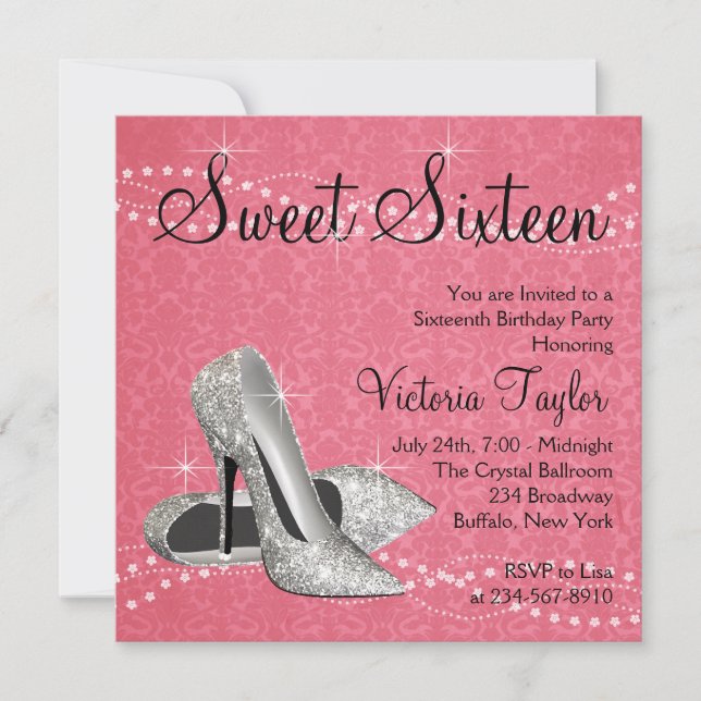 Invitación Tacones altos de damasco rosa y negro para dulces  (Anverso)