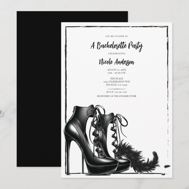 Invitación Tacones altos de encaje blanco negro con cordones  (Anverso / Reverso)