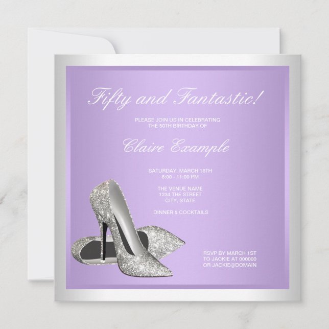 Invitación Tacones altos de lavanda para mujer cumpleaños 50 (Anverso)