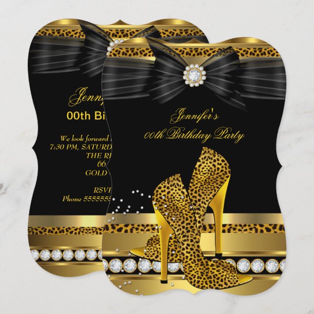 Invitación Tacones altos de leopardo con diamantes de oro par (Anverso / Reverso)