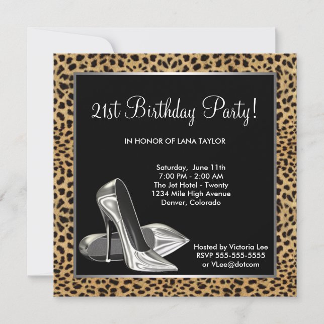 Invitación Tacones altos de leopardo para cumpleaños 21 de mu (Anverso)