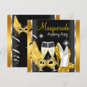 Invitación Tacones altos de máscara dorado negro champán fies