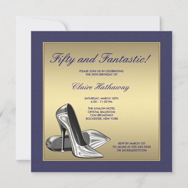 Invitación Tacones altos de oro azul cumpleaños 50 de mujer (Anverso)