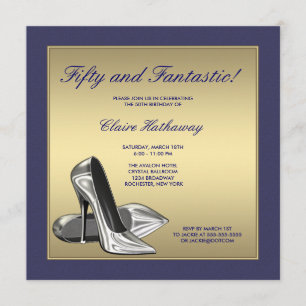 Invitación Tacones altos de oro azul cumpleaños 50 de mujer