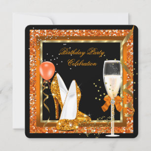 Invitación Tacones altos de oro brillo naranja cumpleaños neg