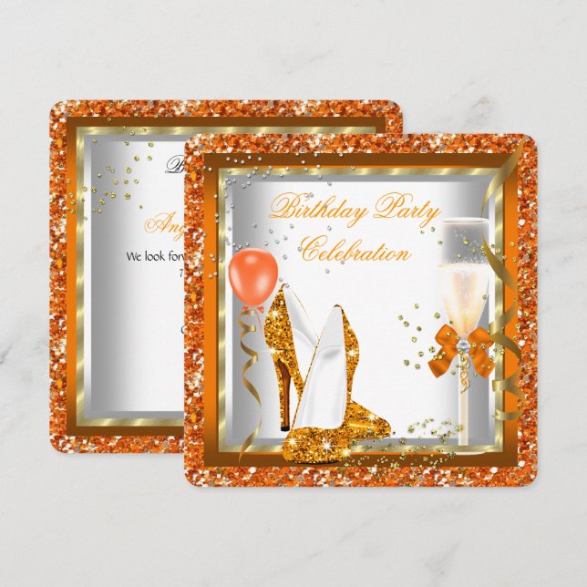 Invitación Tacones altos de oro brillo naranja Fiesta de cump (Anverso / Reverso)