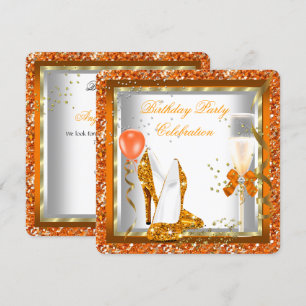 Invitación Tacones altos de oro brillo naranja Fiesta de cump