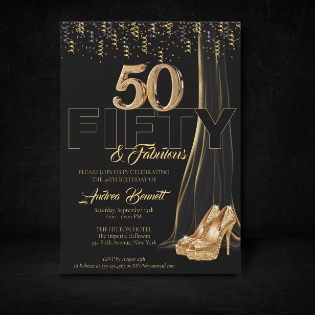 Invitación Tacones altos de oro Elegante Negro 50 Fabuloso cu (50th birthay gold high heels elegant and luxury celebration.)