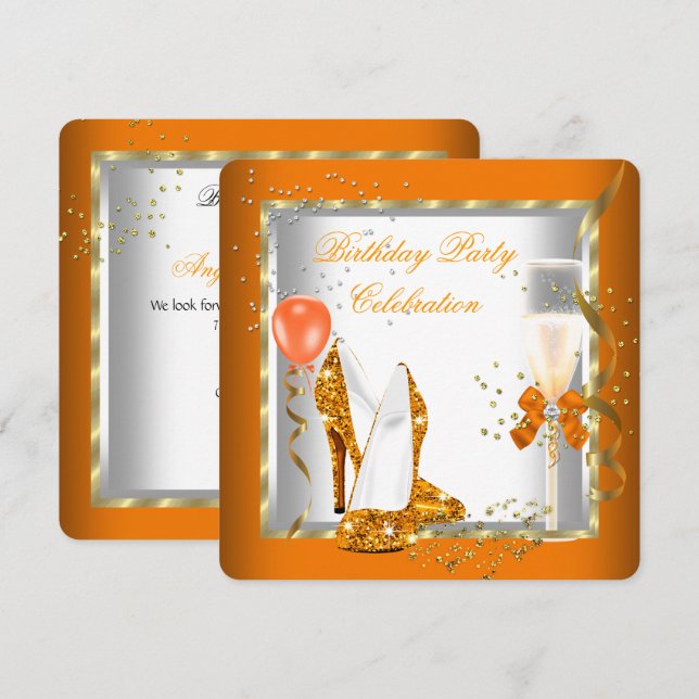 Invitación Tacones altos de oro naranja brillo Fiesta de cump (Anverso / Reverso)