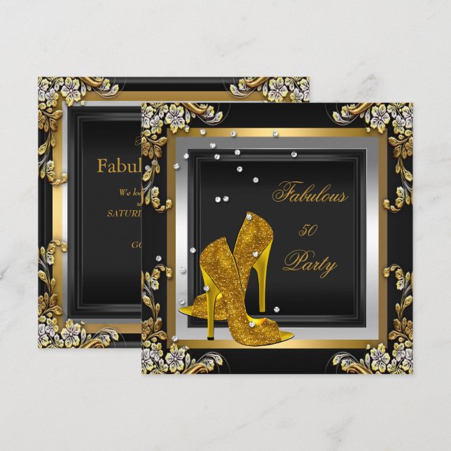 Invitación Tacones Altos de Oro Negro Fiesta de Cumpleaños de (Anverso / Reverso)