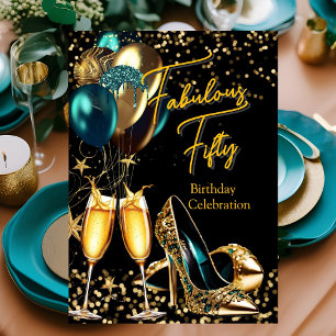 Invitación Tacones altos de purpurina azul teal dorados fabul