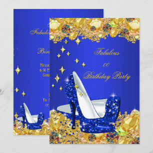 Invitación Tacones altos de purpurina dorada azul real para f