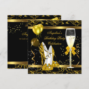 Invitación Tacones altos de purpurina dorada y negra para fie
