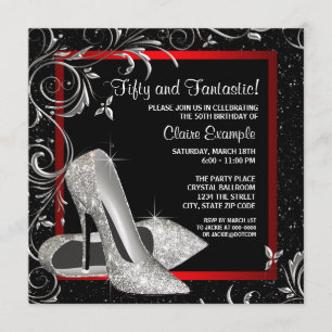 Invitación Tacones altos de purpurina negros rojos Cumpleaños
