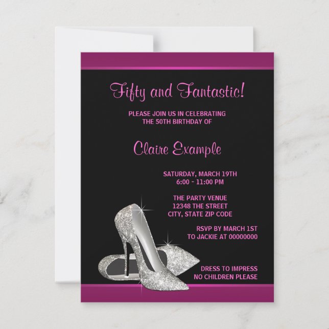 Invitación Tacones Altos de Purpurina Rosa Brillante Cumpleañ (Anverso)