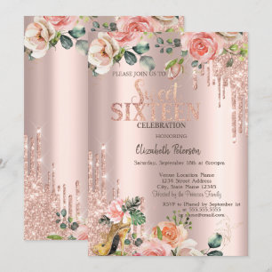 Invitación Tacones altos de rosa oro con gotas de purpurina C