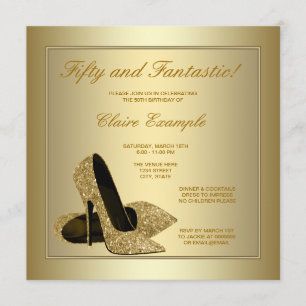 Invitación Tacones Altos Dorados Elegantes Cumpleaños 50 de M