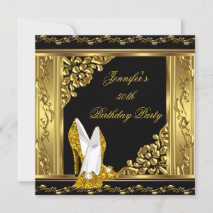 Invitación Tacones altos dorados negros elegantes para 50 cum