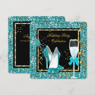 Invitación Tacones altos dorados verde azulado brillo Cumplea