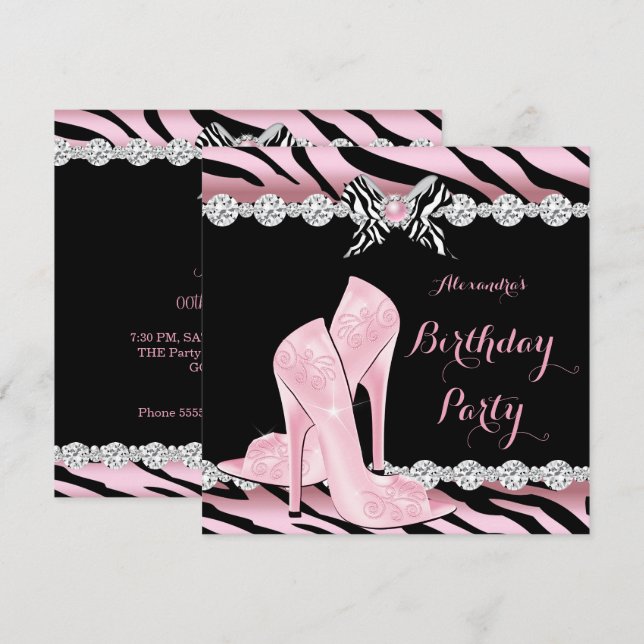 Invitación Tacones Altos Glamour Rosa Cebra Fiesta de Cumplea (Anverso / Reverso)