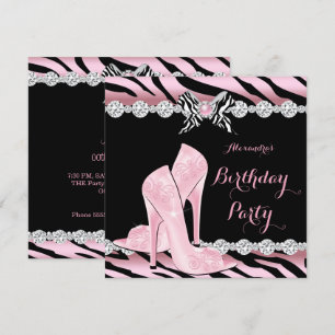 Invitación Tacones Altos Glamour Rosa Cebra Fiesta de Cumplea