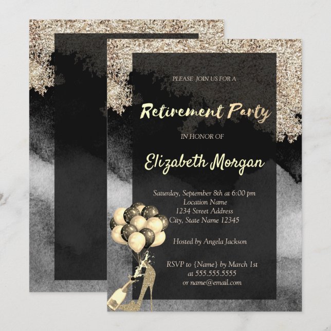 Invitación Tacones altos,Globos,Confeti Fiesta de Jubilación (Anverso / Reverso)