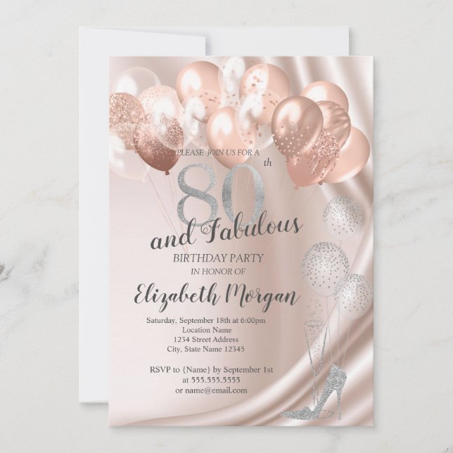Invitación Tacones altos, Globos de Rosa Dorado Cumpleaños 80 (Anverso)