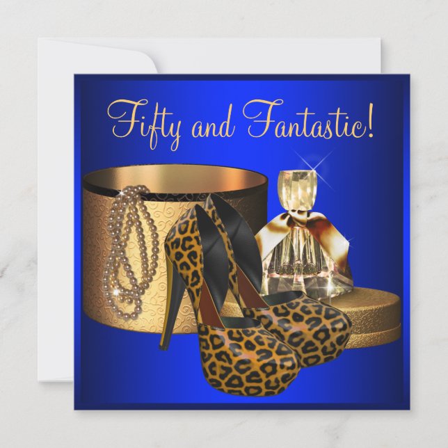 Invitación Tacones Altos Leopardo Azul Oro Cumpleaños 50 de M (Anverso)