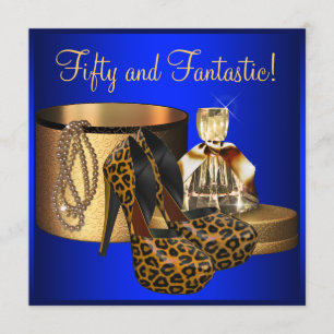 Invitación Tacones Altos Leopardo Azul Oro Cumpleaños 50 de M