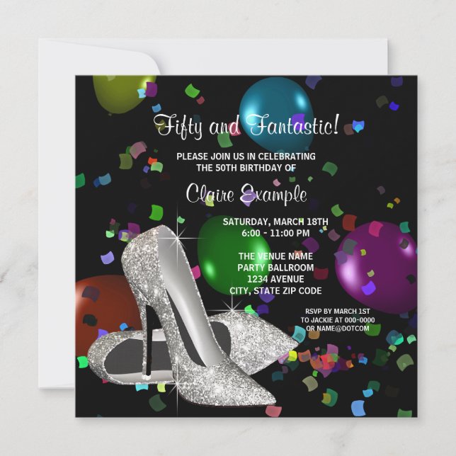Invitación Tacones Altos Negros con Confeti para Fiesta de Cu (Anverso)
