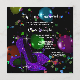 Invitación Tacones altos negros morados para fiesta de cumple