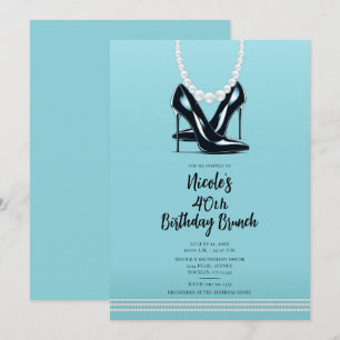 Invitación Tacones Altos Negros Perlas Turquesa Desayuno Cump