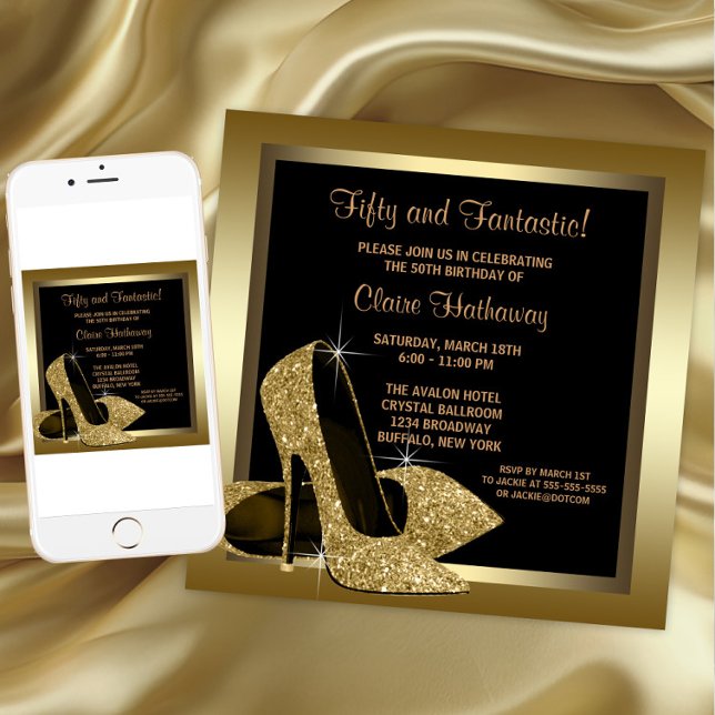 Invitación Tacones altos negros y dorados Cumpleaños 50 de mu (Black Gold High Heels Any Number Birthday Invitation. Download and printed invitations available.)