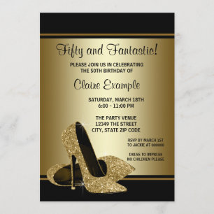Invitación Tacones Altos Negros y Dorados Fiesta de Cumpleaño