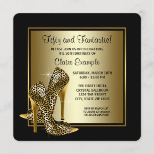 Invitación Tacones altos negros y dorados para fiesta de cump