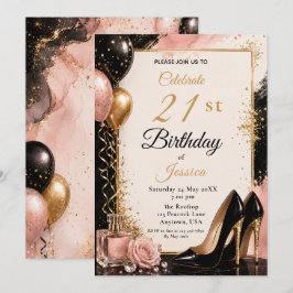 Invitación Tacones altos para cumpleaños 21 Black Gold Blush
