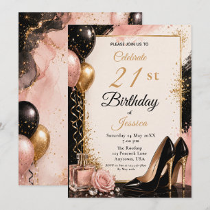 Invitación Tacones altos para cumpleaños 21 Black Gold Blush