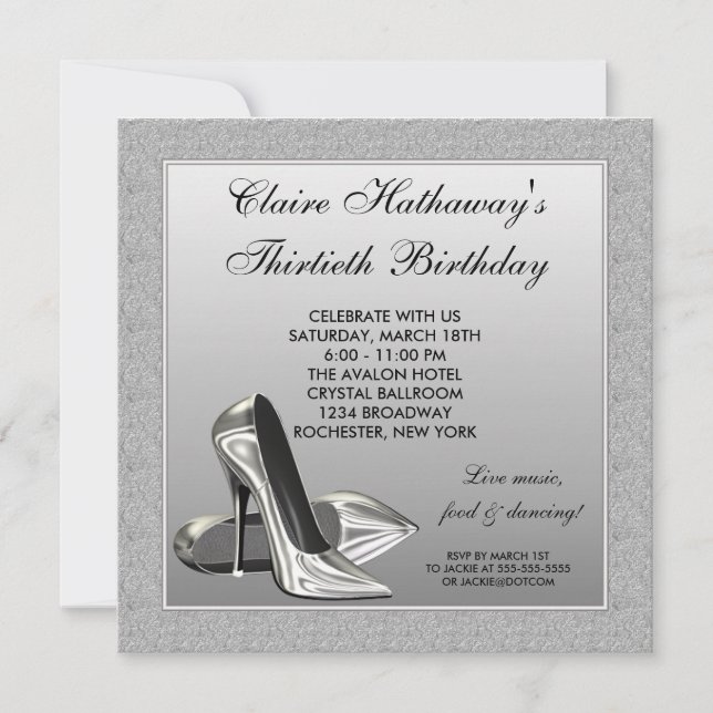 Invitación Tacones Altos Plateados Cumpleaños 30 de Mujer (Anverso)