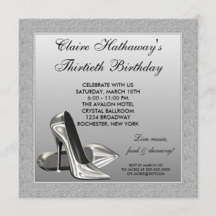 Invitación Tacones Altos Plateados Cumpleaños 30 de Mujer