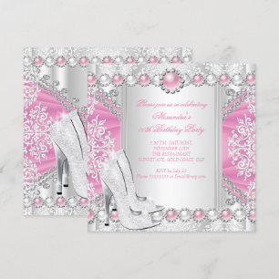 Invitación Tacones altos plateados rosados Cumpleaños con per