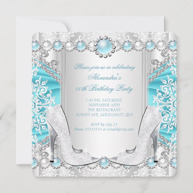 Invitación Tacones altos plateados turquesa Cumpleaños 2 (Anverso)