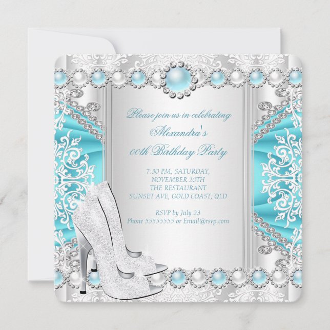 Invitación Tacones altos plateados turquesa Fiesta de cumplea (Anverso)