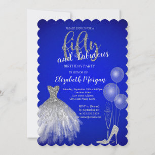 Invitación Tacones altos plateados, vestido, champán azul 50º