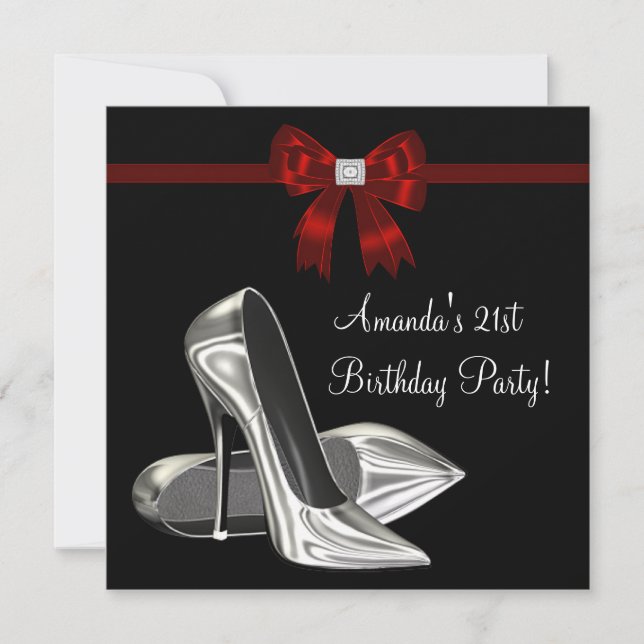 Invitación Tacones Altos Rojo y Negro Cumpleaños de Mujer (Anverso)